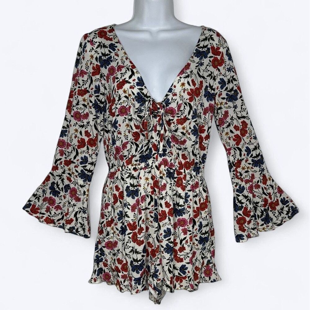 American Eagle Floral Romper Womens Sz M Long Bell Sleeves Lined Boho‎ Festival